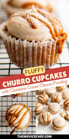 the cover of fluffy churro cupcakes with cinnamon cream cheese frosting