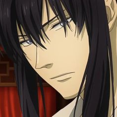 an anime character with long black hair and blue eyes