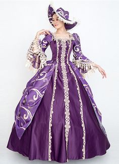 Purple 18th Century Rococo Baroque Marie Antoinette Renaissance Period Dress   Condition: Brand New  Color: amp;nbsp; As Picture  Material: Satins And Lace  Silhouette: Ball Gown  Sleeve Length: Full Sleeve  Dresses Length:Floor-Length  Neckline: Square Collar  Decoration: Lace  Style: Vintage   Includes: Dress + Hat    amp;nbsp; Ball Gown Medieval, Full Sleeve Dresses, Masquerade Party Dresses, Marie Antoinette Dresses, Period Dresses, Purple Ruffle Dress, Victorian Ball, Baroque Dress, Rococo Dress