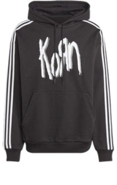 adidas Originals x Korn Parker Hoodie 'Black' IN9102 Adidas Logo Sportswear Sweatshirt For Spring, Spring Adidas Logo Sportswear Sweatshirt, Adidas Logo Hoodie For Sports In Fall, Adidas Logo Sporty Sweatshirt For Spring, Adidas Hoodie With Three Stripes For Sports Season, Adidas Hoodie With Logo For Streetwear, Adidas Logo Sweatshirt For Winter Sports, Adidas Sporty Sweatshirt For Streetwear, Winter Sports Adidas Logo Hoodie