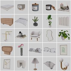 a collage of different types of furniture and decor in white, grey, beige and black