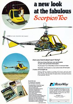 an advertisement for a helicopter that is yellow and has pictures of people in the cockpit