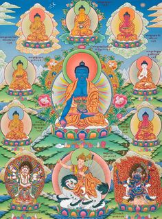 an image of buddhas in the center of a tree with many different colors and sizes