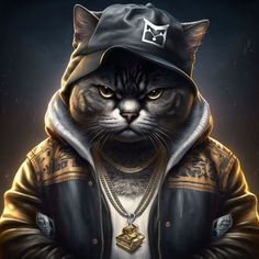 a cat wearing a hat and jacket with his hands on his hipster's chest