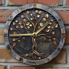 a clock that is on the side of a brick wall with a tree in it