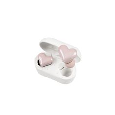 an earphone with two hearts attached to the top and one in its case, on a white background