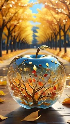 an apple sitting on top of a wooden floor covered in leaves and autumn foliages