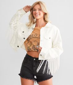 PTCL Fringe Denim Jacket - White X-Small, Women's White Cropped button down jacket Bust measures 40 on size small Body length 16 on size small. Layering piece(s) and/or accessories sold separately.. 100% Cotton. Machine wash cold separately. Do not bleach. Line dry. Low iron.. Measurements: Bust -Fullest part of bust with arms at sides. Waist -Circumference of natural waist: above belly button below rib cage. Hips -Standing with feet together fullest part of hips. WOMEN'S TOP SIZE CONVERSION CHA Casual Fall Outerwear For Rodeo, Casual Cotton Outerwear For Rodeo, Casual Spring Outerwear For Rodeo, Spring Denim Jacket With Pockets For Rodeo, Spring Rodeo Denim Jacket With Pockets, Spring Rodeo Outerwear With Pockets, Casual Denim Jacket For Spring Rodeo, Casual Denim Jacket For Rodeo Spring, Casual Denim Jacket For Rodeo In Spring