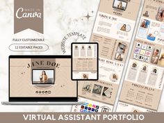 an image of a computer screen with the words virtual assistant portfolio on it and images of people