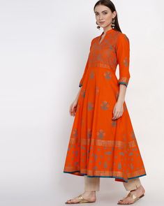 Product Features:   Color: Orange Fabric: Blended Cotton Pattern: Block Print Style Type: Anarkali Sleeve Length: 3/4th Sleeve Sleeve Type: Bell Sleeve Neckline: Collar Fitting: No Darts Length: Ankle length No of Component: 1 Anarkali Kurta Product Weight: 300 Gram Wash Care: Hand wash separately Disclaimer: There will be slight difference in Digital to actual Image Block Print Anarkali, Cotton Anarkali, Long Kurtis, Turquoise Print, Anarkali Kurta, Orange Fabric, Print Style, Anarkali, Bell Sleeve