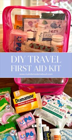 the contents of a travel first aid kit in a pink case with text overlay that says diy travel first aid kit