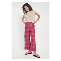 Bursting With Color, This Breezy Linen Pair Delivers A Punch Of Plaid And Comfort For All Your Warm Weather Adventures! Side Slant Pockets Side Zip Linen Imported Hand Wash Dimensions: 13.75" Rise 29.5" Inseam 12.25" Leg Opening Checker Design, Purple Pants, Linen Pants, Orange And Purple, Warm Weather, Side Zip, Pink Purple, Pant Jumpsuit, Anthropologie