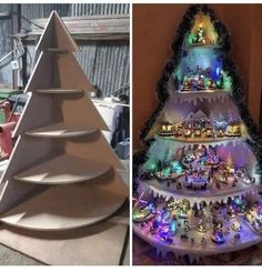 a christmas tree made out of cardboard is shown in two different stages, and the same one has lights on it