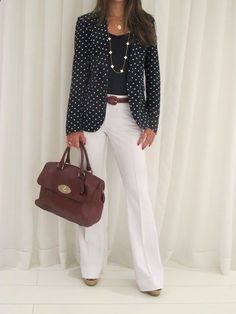 Navy Polka Dot Blazer Outfit, Blue Polka Dot Blazer Outfit, Black And White Polka Dot Blazer Outfit, Polka Dot Blazer Outfit, Outfit Pants, Look Office, Polka Dot Blazer, Brown Accessories, Blue Shell