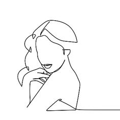 a continuous line drawing of a woman's face with her hand on her chin