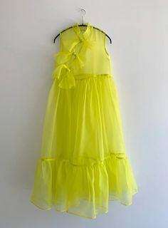 Mae Dress – Kamperett Chartreuse Color, Silk Organza, Midi Length Dress, Full Skirt, Hip Length, Empire Waist, Midi Length, Design Details, Stretch Fabric