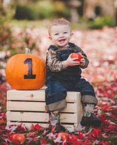 a young boy sitting on top of a wooden crate with a pumpkin in front of him