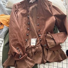 Brand New With Tags. Never Worn. Lovely Espresso Brown Color. Fall Ruffled Button-up Outerwear, Long Sleeve Ruffled Blazer For Work, Long Sleeve Ruffled Blazer For Fall, Espresso Brown, Free People Jacket, Brown Color, Espresso, Ruffles, Free People