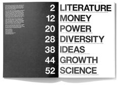 an open book with black and white text on it that reads literature, money, power, diversity, ideas growth science