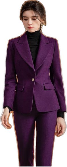 Formal Long Sleeve Pantsuit For Winter, Formal Long Sleeve Winter Pantsuit, Elegant Winter Suits For Work, Chic Winter Suits With Lapel Collar, Solid Color Business Suits For Fall, Professional Semi-formal Fall Pantsuit, Chic Formal Pantsuit For Winter, Single Breasted Pantsuit For Formal Winter Occasions, Professional Pantsuit With Suit Collar For Fall