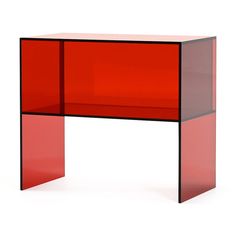 a red and black desk with two shelves on each side, against a white background