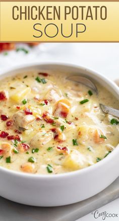 chicken potato soup in a white bowl with a spoon on the side and text overlay