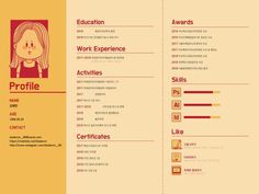 a yellow and red resume with an image of a woman's face on it