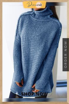 Elegant and Casual Winter Pullover Solid Color High Neck Sweater With Relaxed Fit, Casual High Neck Cozy Fit Sweater, Relaxed Fit Chunky Knit Winter Top, Winter Chunky Knit Relaxed Fit Top, Cozy Relaxed Fit Solid Color Sweater, Blue High Neck Sweater For Fall, Chunky Knit Tops For Winter Loungewear, Cozy Blue High Neck Sweater, Relaxed Fit Knitted Long Sleeve Sweater