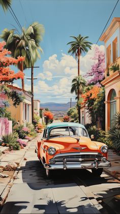 a painting of an orange car parked on the side of a road next to palm trees