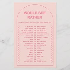 a pink poster with the words would she rather know? on it's back