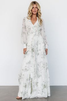 Lizette Maxi Dress | Sage Print Muted Sage Green, Muted Sage, Dress Puff Sleeve, Sage Green Floral, Dress Sage, Destination Dress, Baltic Born, Velvet Maxi Dress, Tiered Maxi Skirt