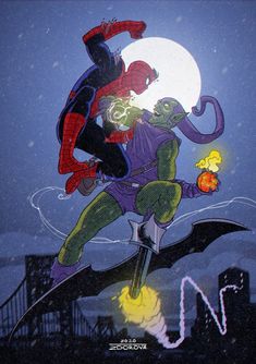 spider - man and green lantern flying through the air with their arms around each other