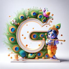 the letter g is decorated with peacock feathers and an image of a person holding a flute