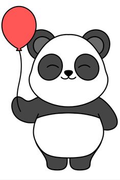 a panda bear holding a red balloon