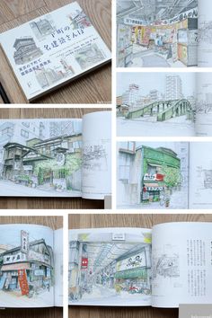 an open book with drawings of buildings and people on the street in different stages of construction