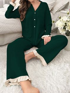 Women's Single-Breasted Long Sleeve Sleepwear And Ruffled Hem Pants Pajama Set Dark Green     Plain Pant Sets Slight Stretch All Women Sleep & Lounge, size features are:Bust: ,Length: ,Sleeve Length: Nightsuits For Women Winter, Old Money Sleepwear, Sleepwear Women Nightwear, Marriage Clothes, Womens Pj Sets, Plain Pants, Hem Pants, Loungewear Outfits