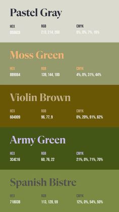 an image of the color scheme for different font styles and colors, including brown, green, blue, yellow