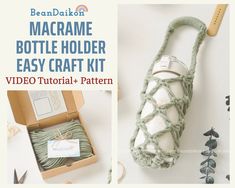 the macrame bottle holder easy craft kit is in its box and it's contents are displayed