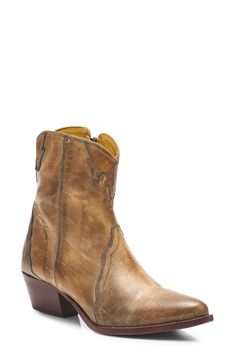 Western-themed Leather Sole Boots For Fall, Spring Western Booties With Reinforced Heel, Cowboy Booties Outfit, Brown Western Booties With Snip Toe, Distressed Brown Western Ankle Boots, Brown Leather Western Booties, Cowboy Ankle Boots, Booties Outfit, Western Booties