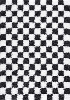 a black and white checkered rug with some sort of design on the top corner