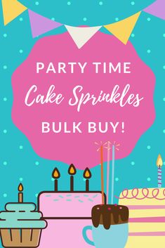 a birthday cake with candles on it and the words party time cake sprinkles bulk