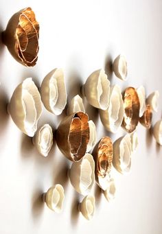 several shells are arranged on the wall in this artistic display with gold leafy shapes