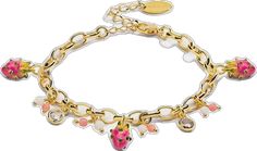 Jeweled Metal Jewelry Gift, Enamel Charms Bracelet, Enamel Charms Bracelets For Gift, Gold Charm Bracelet With Jewels For Gift, Enamel Bracelet Jewelry With Lobster Clasp, Enamel Bracelet With Lobster Clasp, Pink Gold Plated Bracelet, Pink Gold-plated Bracelet, Gold Enamel Bracelets With Charms