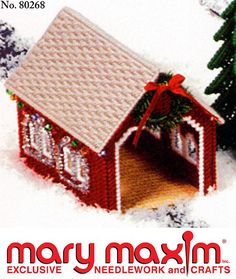 a christmas card with a red house on it