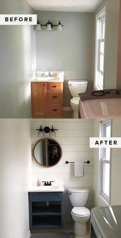 before and after photos of a bathroom remodel