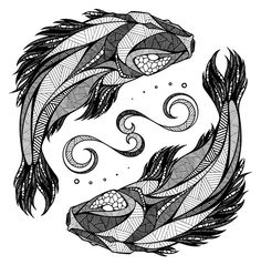 two black and white fish swimming in the water with swirly lines on their tails