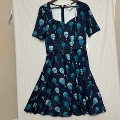 Nwt Unique Vintage Navy Hot Air Balloons With Animals Print Size Large See Photos Fitted Blue Dress With All Over Print, Fitted Blue Dresses With All Over Print, Blue Summer Dress With All Over Print, Summer Blue Dress With All Over Print, Fitted Blue Dress With Graphic Print, Casual Blue Dress With Graphic Print, Chicken Dress, Black And White Roses, Unique Vintage Dresses