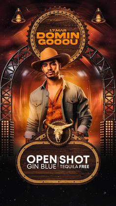 a man in a cowboy hat is standing next to a sign that says open shot on blue