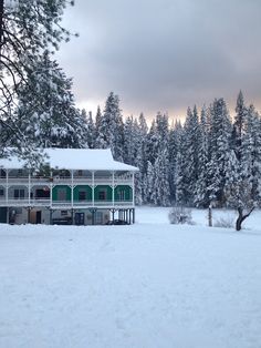 a house in the middle of a snowy field with trees around it and snow on the ground