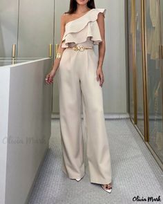 Olivia Mark - Stylish One Shoulder Jumpsuit with Ruffle Hem Ruffle Jumpsuit, One Shoulder Jumpsuit, Jumpsuit Chic, Jumpsuit Elegant, Chic Type, Jumpsuit Pattern, Sleeveless Bodysuit, Pantalon Large, Ankle Length Pants